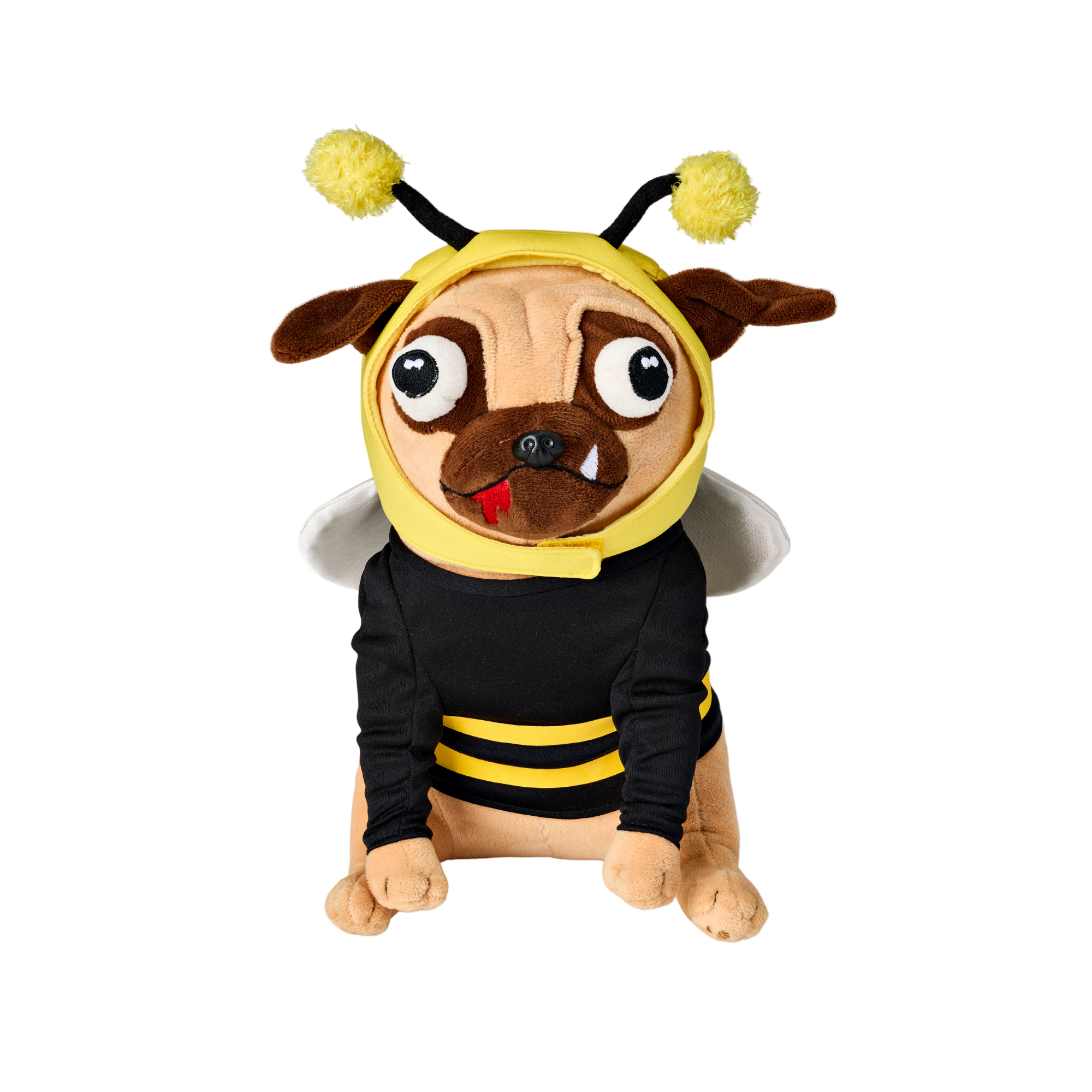 Plush dog toy named Milky wearing a bee costume with yellow and black stripes on a white background