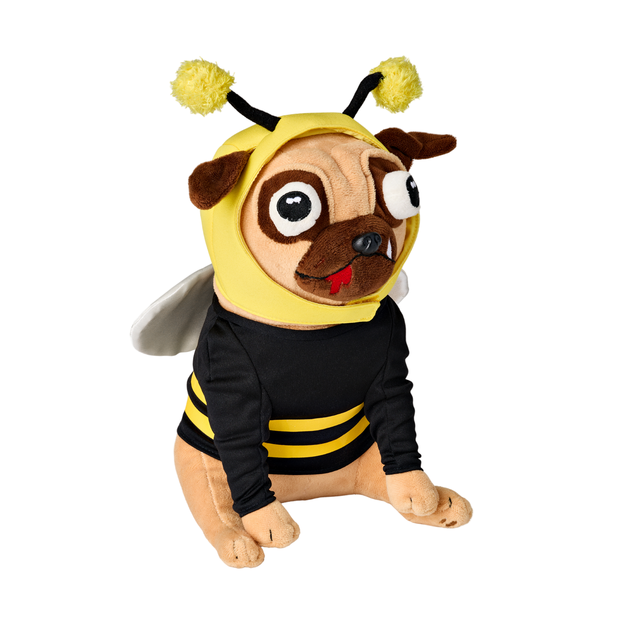 Plush dog toy named Milky wearing a bee costume with yellow and black stripes on a white background