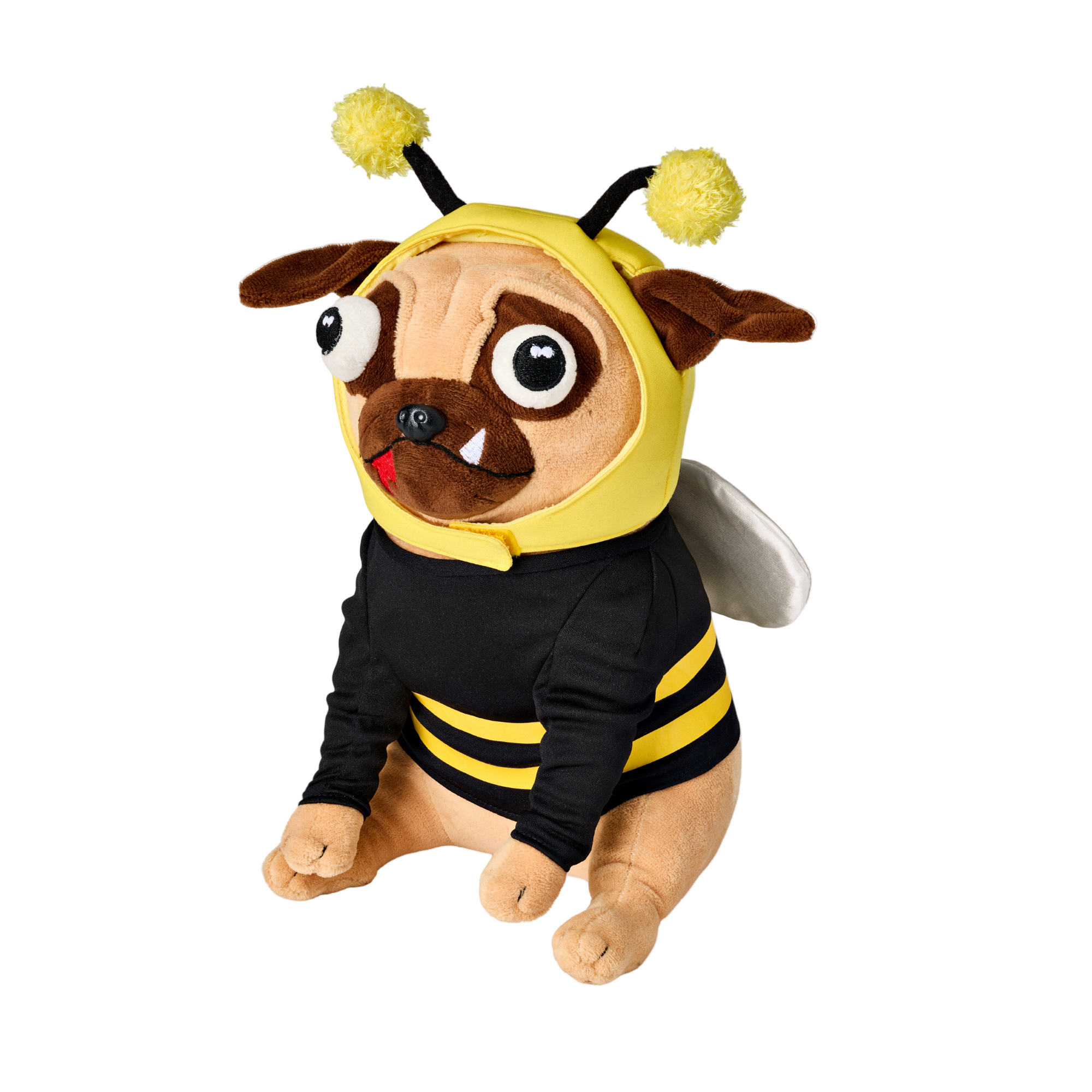Plush dog toy named Milky wearing a bee costume with yellow and black stripes on a white background